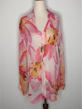 NWOT Lavender Brown Women's Pink Floral/Sheer Button Down Blouse Size Medium